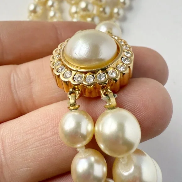 Vintage Swarovski SAL Double Strand Faux Pearl Crystal Round Clasp Necklace - Picture 4 of 6